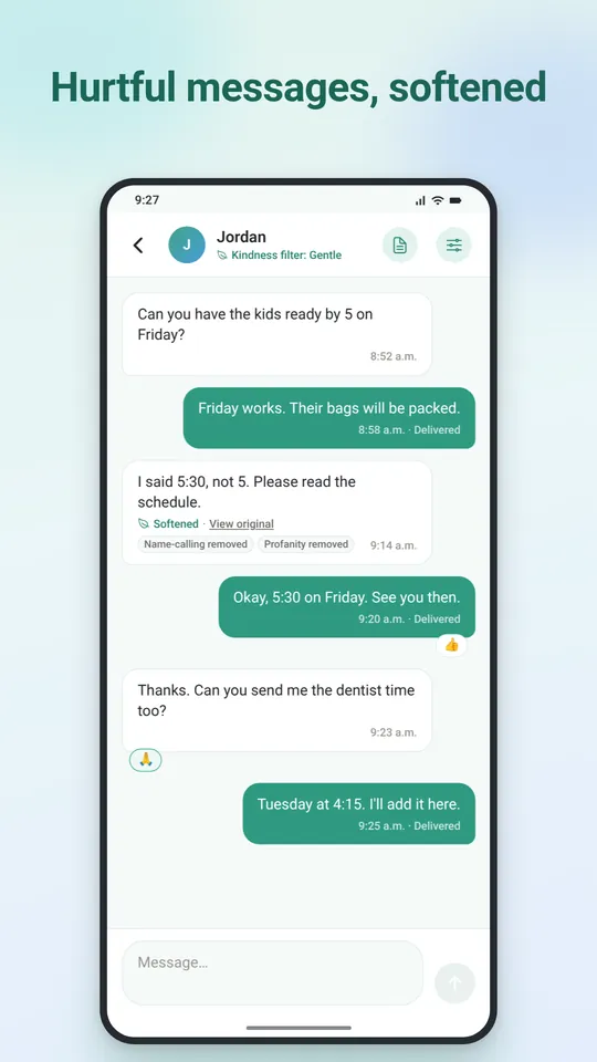 CalmTalk conversation where a hurtful message is shown softened